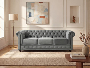 Unique Sofá 3 plazas de terciopelo CHESTERFIELD - Gris plata