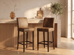 Unique Conjunto de 2 taburetes de bar SANTOS - Microfibra con aspecto piel envejecida - Patas de natural oscuro