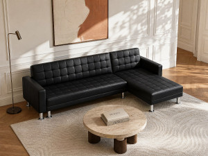 Unique Sofá cama rinconera y reversible en imitación piel negra - WILLIS II
