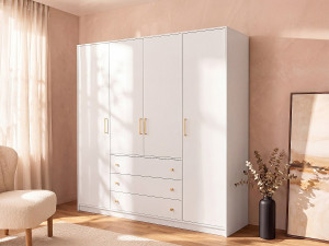 Unique Szafa 4-drzwiowa z 3 szufladami - dł. 196 cm - Biały - LIZANDRO