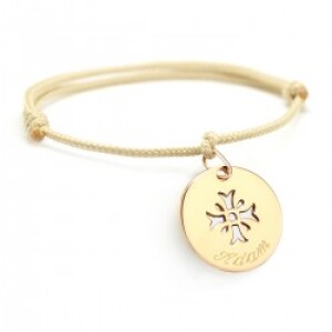 Bracelet cordon personnalisé - médaille croix - Plaqué or