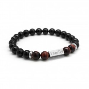 Bracelet perles homme personnalisé - agates noires & oeil de taureau - Acier inoxydable