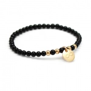 Bracelet perles - mini charm - agate noire - Plaqué or
