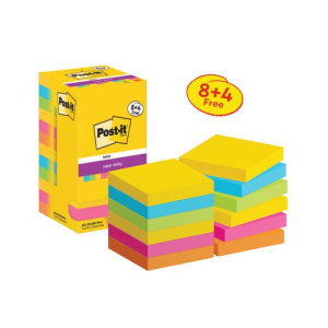 Post-it Super Sticky Notes 76x76mm 90 Sheets Carnival 8+4 FREE (Pack of 12) 654-SSCARN-P8+4