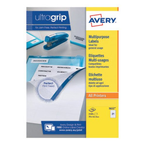 Avery Ultragrip Multi Labels 70 x 42.3mm 21 Per Sheet White (Pack of 2100) 3652