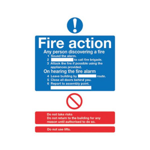 Safety Sign Fire Action Words A4 Self Adhesive FR03550S