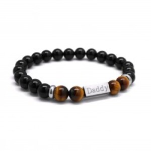 Bracelet perles homme personnalisé - agates noires & oeil de tigre - Acier inoxydable