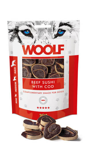 WOOLF BEEF SUSHI WITH COD Przysmaki Wołowe z Dorszem dla psa 100g