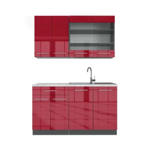 Cucina completa Fame-Line Bordeaux lucido/antracite 140 cm, Piano di lavoro Marmo Vicco