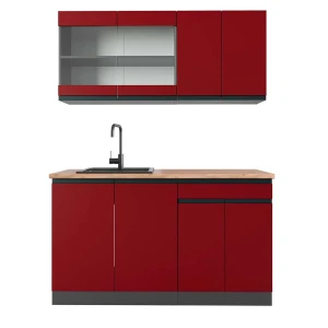Pojedyncza kuchnia R-Line Czerwony/antracyt 140 cm  J-Shape, BP Dąb Vicco