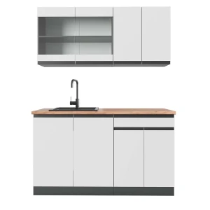 Singleküche R-Line Weiß/Anthrazit 140 cm  J-Shape, AP Eiche Vicco