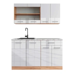 Singlekøkken R-Line Hvid højglans/guld power oak 140 cm , BP Marmor Vicco