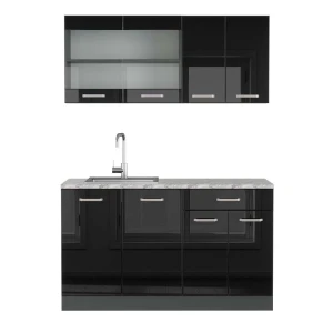 Eenpersoonskeuken R-Line Hoogglans zwart/antraciet 140 cm , WB Marmer Vicco