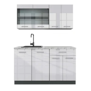 Pojedyncza kuchnia R-Line Biały wysoki połysk/antracyt 140 cm , BP Marmur Vicco