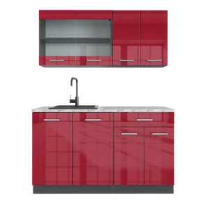 Singleküche R-Line Rot Hochglanz/Anthrazit 140 cm , AP Marmor Vicco