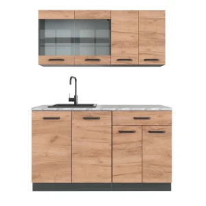 Cucina monoblocco R-Line Rovere dorato/antracite 140 cm, Piano di lavoro Marmo Vicco