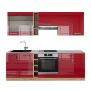 Cuisine Fame-Line Bordeaux brillant/Chêne doré 235cm , PT Marbre Vicco