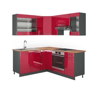 Hjørnekøkken Fame-Line Bordeaux rød højglans/Antracit 190 x 160 cm, BP Eg Vicco