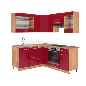 Cocina esquinera Fame-Line Rojo Burdeos alto brillo/Roble dorado 190 x 160 cm, ET Roble Vicco