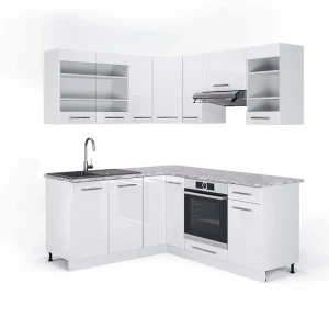 Hjørnekøkken Fame-Line Hvid højglans/Hvid 190 x 160 cm, BP Marmor Vicco
