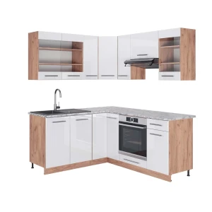 Hjørnekøkken Fame-Line Hvid højglans/guld power oak 190 x 60 cm , BP Marmor Vicco