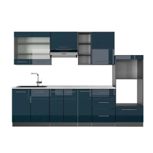 Küchenzeile Fame-Line Dunkelblau Hochglanz/Anthrazit 280 cm , AP Marmor Vicco