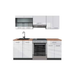 Cuisine R-Line Blanc brillant/Anthracite 200cm , PT Chêne Vicco