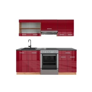 Küchenzeile R-Line Rot Hochglanz/Goldkraft Eiche 200 cm , AP Anthrazit Vicco