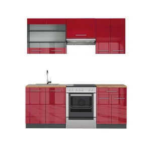 Küchenzeile Fame-Line Bordeaux Hochglanz/Anthrazit 200 cm , AP Eiche Vicco