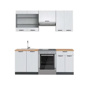 Küchenzeile Fame-Line Weiß Landhaus/Anthrazit 200 cm , AP Eiche Vicco