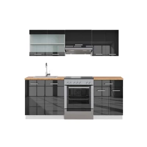 Cuisine Fame-Line Anthracite brillant/blanc 200cm , PT Chêne Vicco