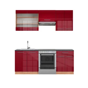 Küchenzeile Fame-Line Bordeaux Hochglanz/Goldkraft Eiche 200 cm , AP Anthrazit Vicco