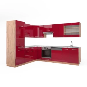 Cucina angolare completa Fame-Line Bordeaux lucido/Rovere dorato 287 x 227 cm, PL Marmo Vicco