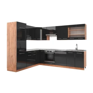 Hjørnekøkken Fame-Line Antracit højglans/guld power oak 227 x 60 cm , BP Marmor Vicco