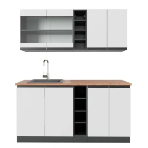 Singleküche R-Line Weiß/Anthrazit 160 cm  J-Shape, AP Eiche Vicco