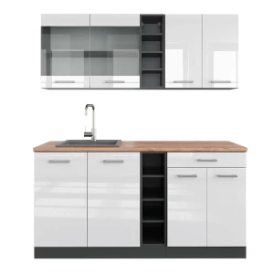 Singleküche R-Line Weiß Hochglanz/Anthrazit 160 cm , AP Eiche Vicco