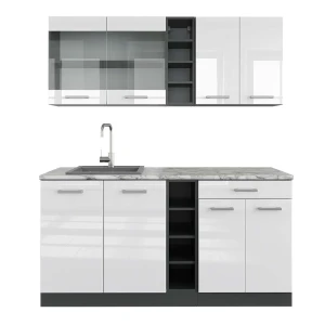 Yhden hengen keittiö R-Line Valkoinen korkeakiilto/antrasiitti 160 cm , AP Marble Vicco