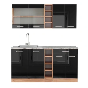Yhden hengen keittiö R-Line Musta korkeakiilto/Goldkraft tammi 160 cm , AP Marble Vicco