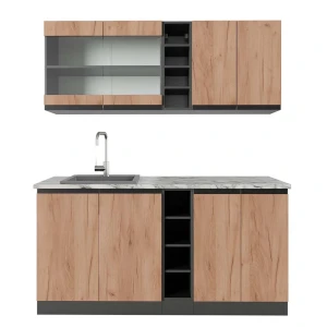 Cucina completa R-Line Rovere dorato/antracite 160 cm  J-Shape, Piano di lavoro Marmo Vicco