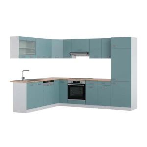 Eckküche R-Line Blau-Grau/Weiß 287 x 227 cm, AP Eiche Vicco