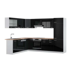 Kogoszczona kuchnia R-Line Czarny połysk/Biały 287 x 227 cm, BP Dąb Vicco
