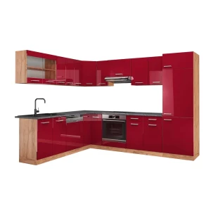 Kogoszczona kuchnia R-Line Czerwony połysk/Dąb goldkraft 287 x 227 cm, BP Antracyt Vicco