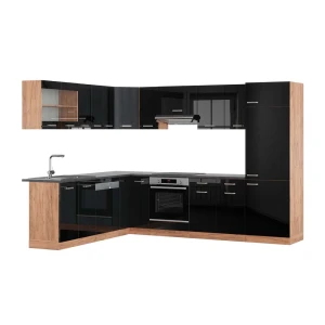 Hjørnekøkken R-Line Sort højglans/Gylden eg 287 x 227 cm, BP Antracit Vicco