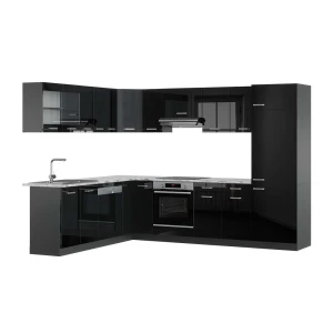 Eckküche R-Line Schwarz Hochglanz/Anthrazit 287 x 227 cm, AP Marmor Vicco