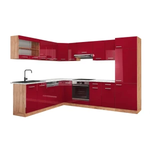 Hjørnekøkken R-Line Rød højglans/Gylden eg 287 x 227 cm, BP Marmor Vicco