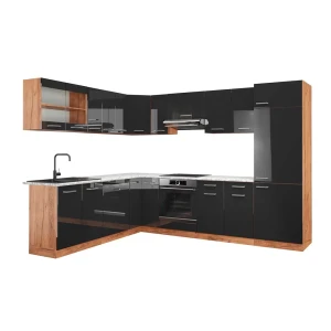 Kogoszczona kuchnia R-Line Antracyt połysk/Dąb goldkraft 287 x 227 cm, BP Marmur Vicco