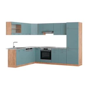 Hjørnekøkken R-Line Blågrå/Gylden eg 287 x 227 cm, BP Marmor Vicco