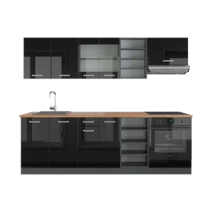 Küchenzeile R-Line Schwarz Hochglanz/Anthrazit 240 cm , AP Eiche livinity®