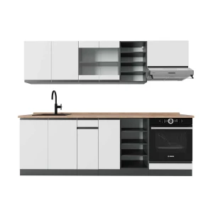 Zabudowa kuchenna R-Line Biały/antracyt 240 cm  J-Shape, BP Dąb Vicco