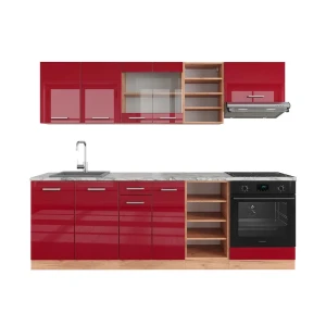 Zabudowa kuchenna R-Line Czerwony wysoki połysk/złoty dąb 240 cm , BP Marmur Vicco